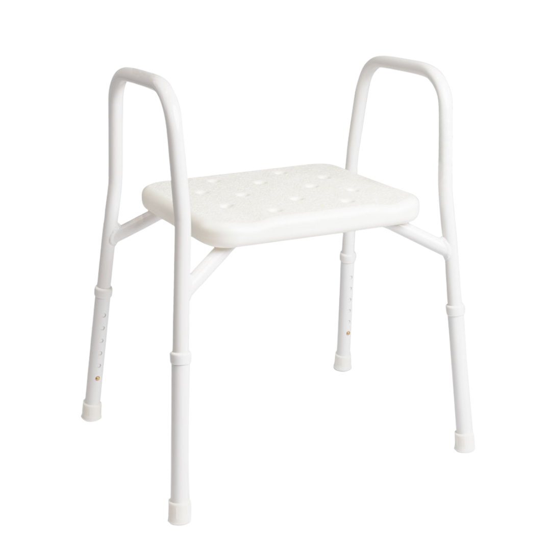 Hero Medical shower stool with rust‑free aluminium frame, non‑padded seat, lightweight stable design, supports safe bathing and independence in the bathroom.