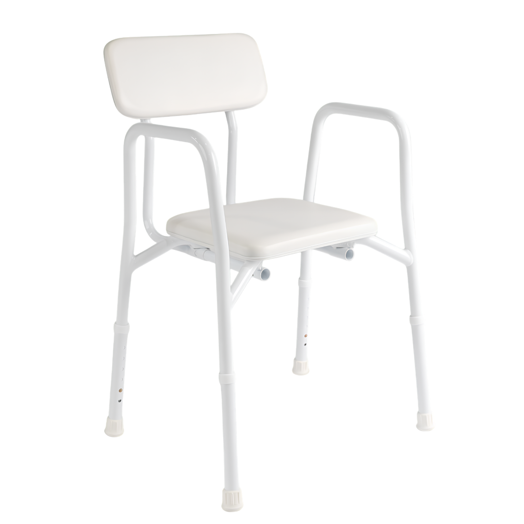 Hero Medical Shower Stool with padded seat and rust‑free aluminium frame, lightweight stable design, adjustable height, supports safe bathing and independence in the bathroom.