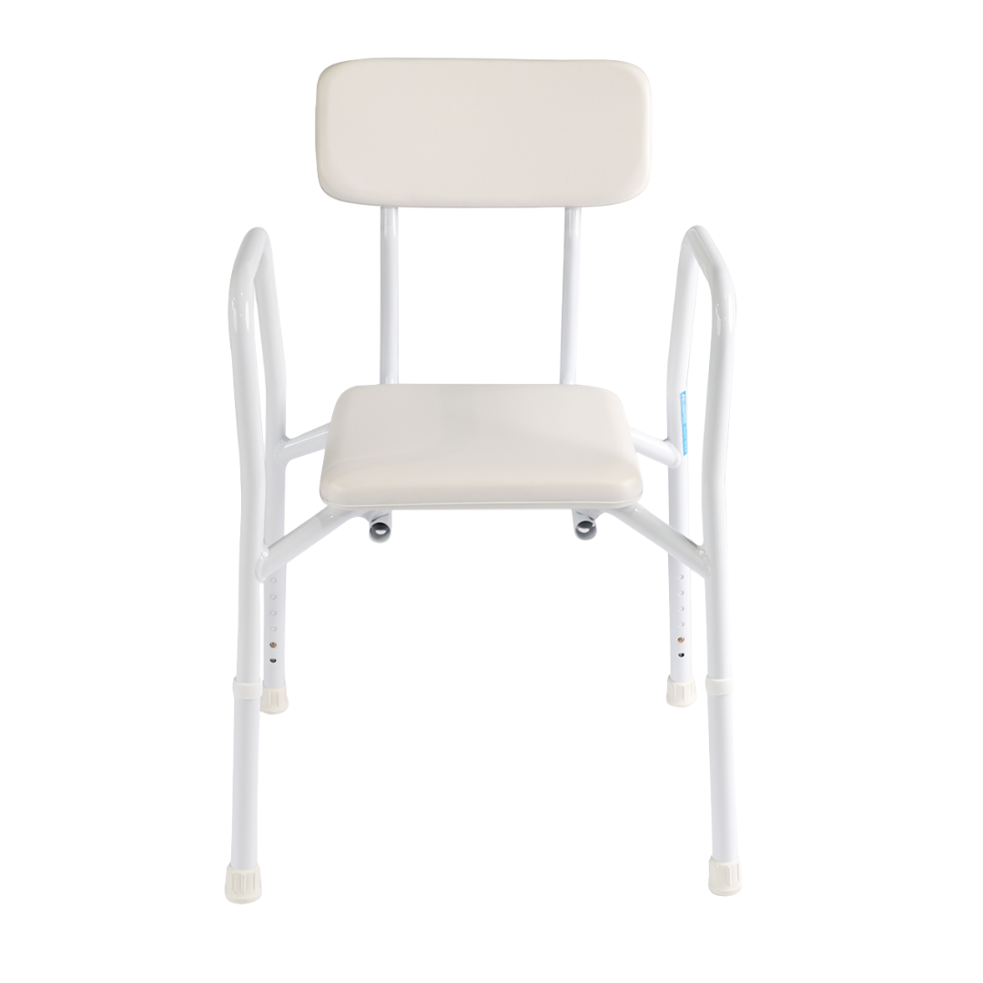 Hero Medical Shower Stool with padded seat and rust‑free aluminium frame, lightweight stable design, adjustable height, supports safe bathing and independence in the bathroom.