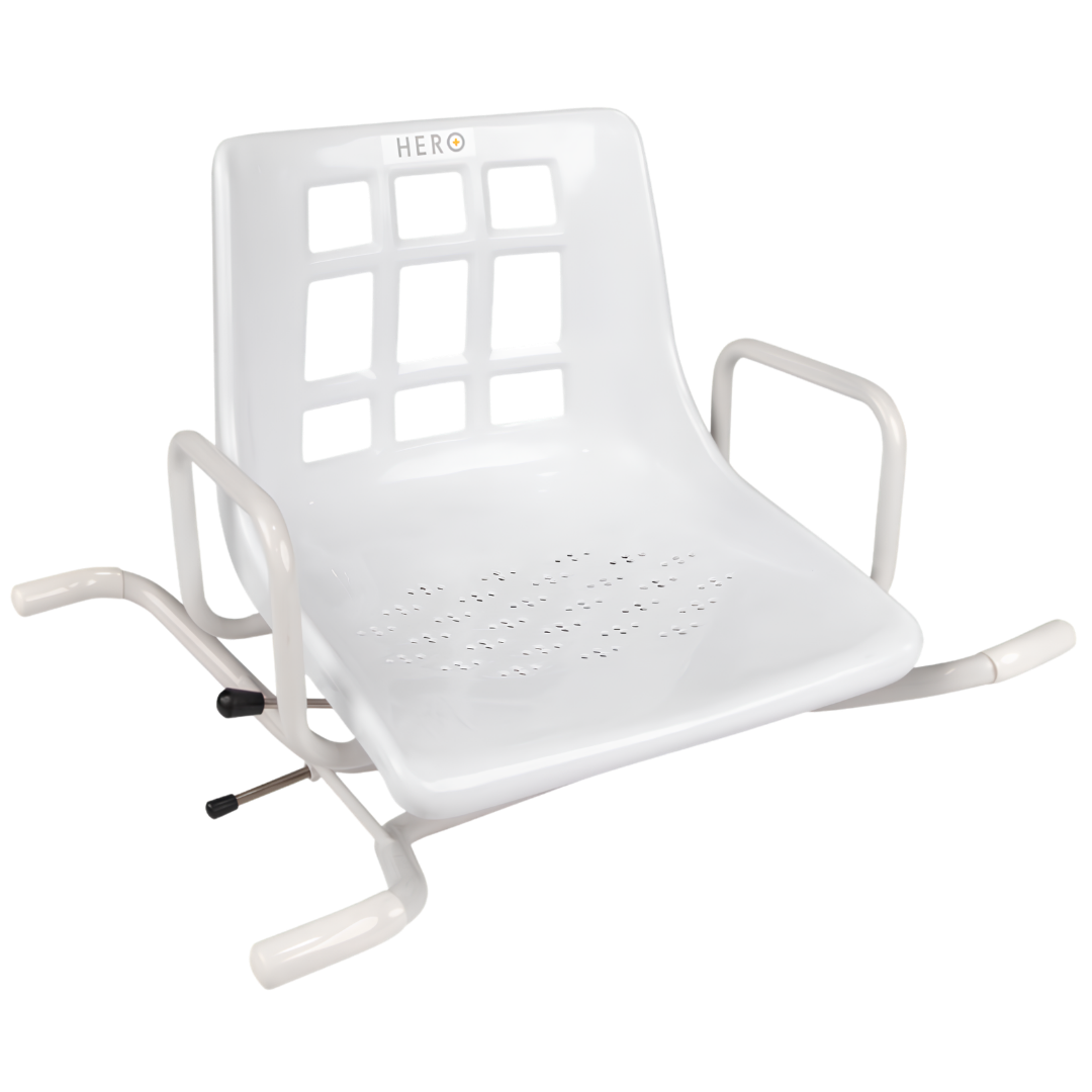 Hero Medical Swivel Bather with rotating padded seat, rust‑free aluminium frame, adjustable design, supports safe transfers and independent bathing for users with limited mobility.