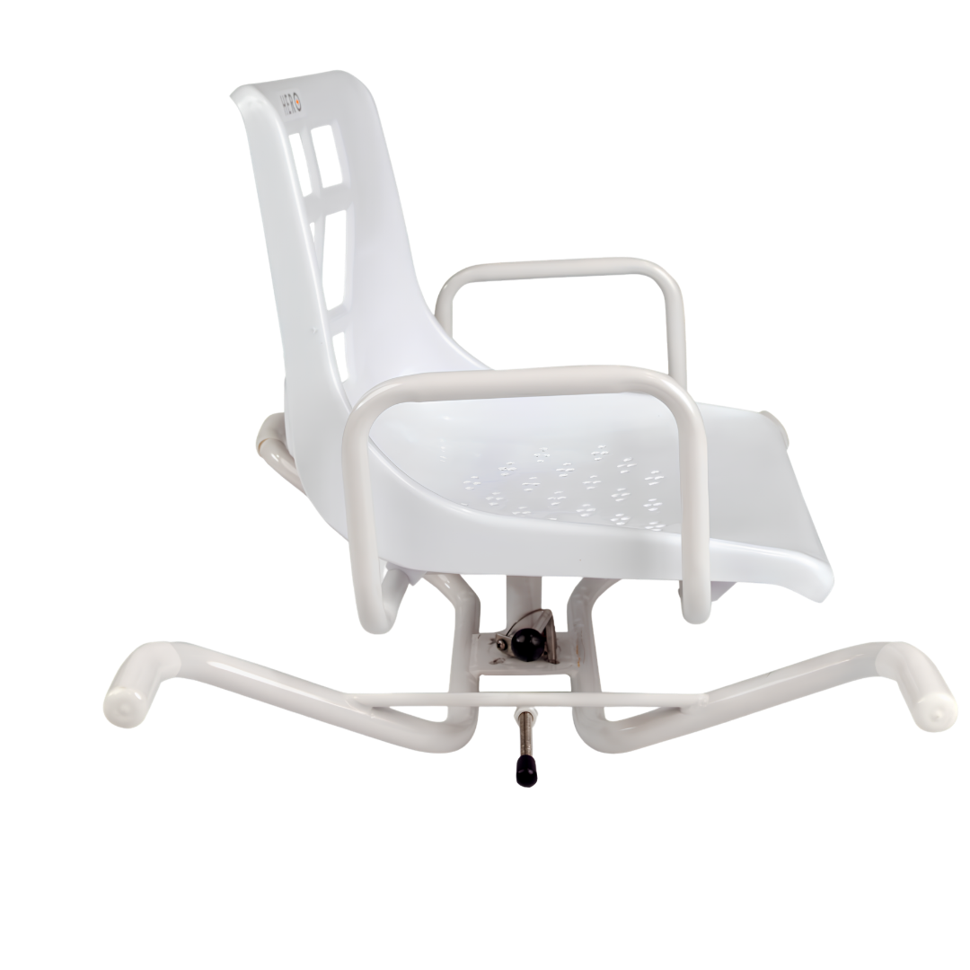 Hero Medical Swivel Bather with rotating padded seat, rust‑free aluminium frame, adjustable design, supports safe transfers and independent bathing for users with limited mobility.