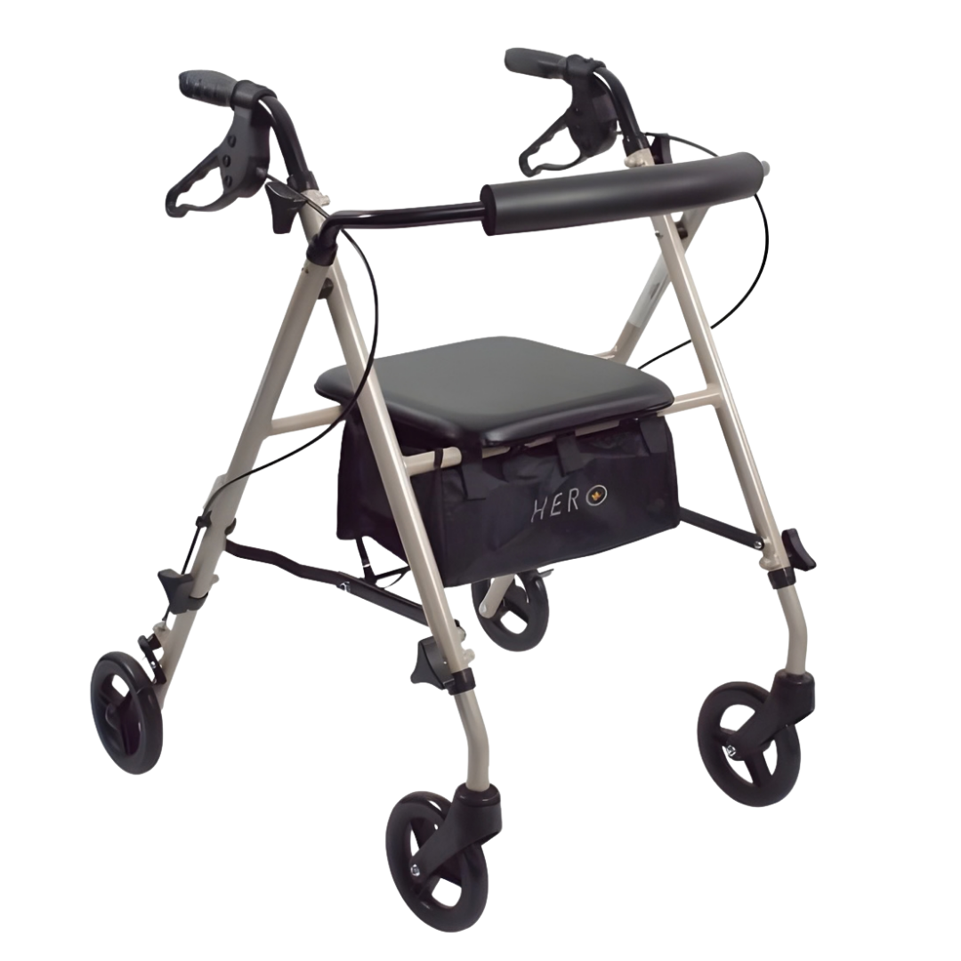 Hero Medical Ultra Light Rollator available in gold and silver, foldable lightweight frame with padded seat.