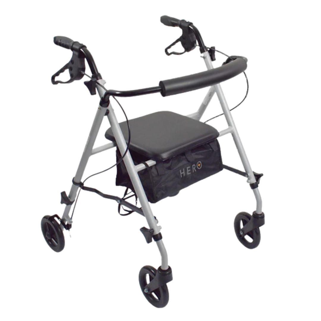 Hero Medical Ultra Light Rollator available in gold and silver, foldable lightweight frame with padded seat.