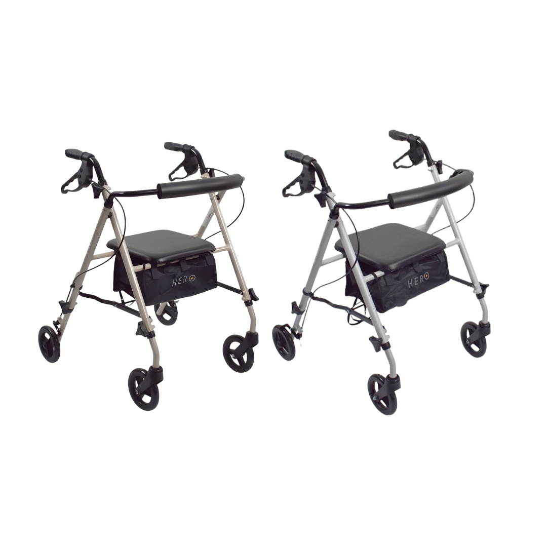 Hero Medical Ultra Light Rollator available in gold and silver, foldable lightweight frame with padded seat.