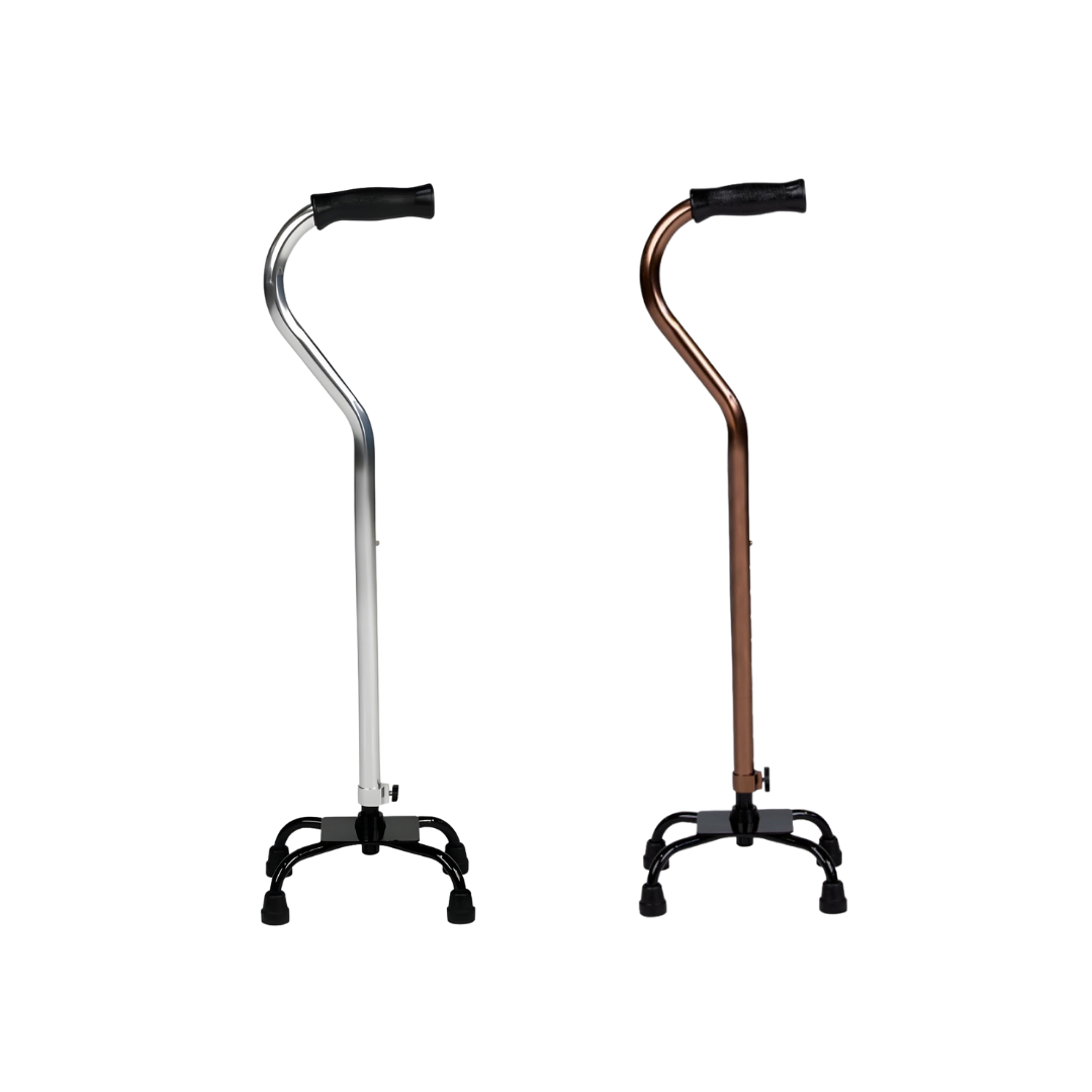 Hero Medical Walking Stick Quad Cane with small base, available in bronze and silver finishes for stable mobility.