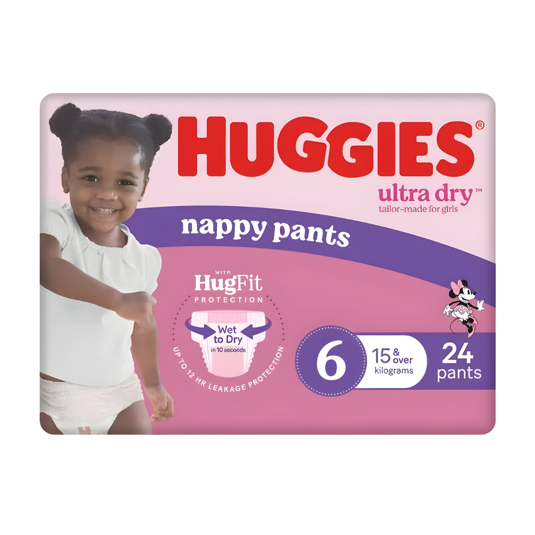 Huggies Ultra Dry Nappy Pants for Girls Size 6 – Pull-up nappies with 12-hour protection for toddlers 15kg+