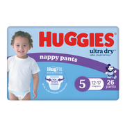 Huggies Nappy Pants Junior Boy soft breathable pull up nappies for active toddlers with leak protection and comfortable stretch fit day night use