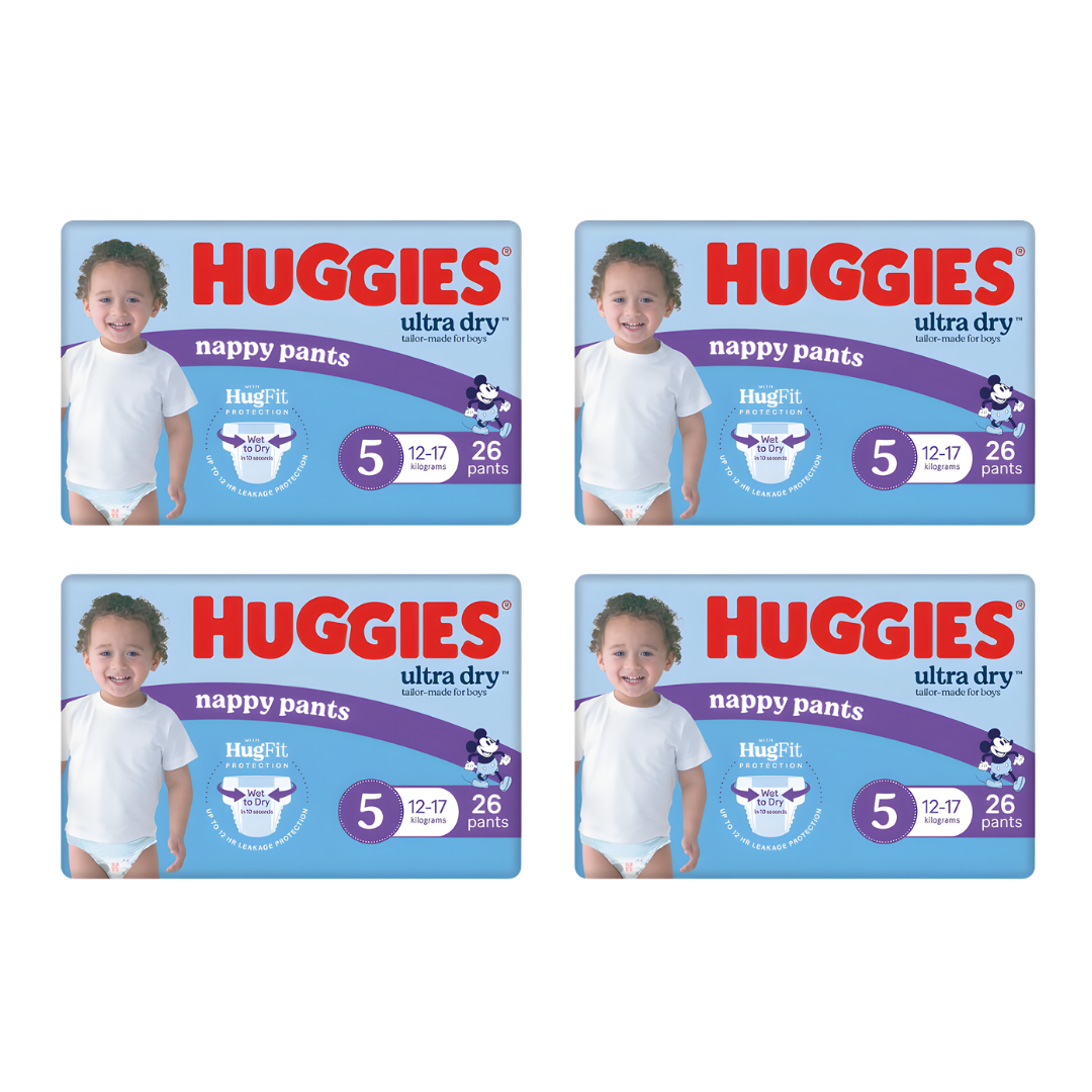 Huggies Nappy Pants Junior Boy soft breathable pull up nappies for active toddlers with leak protection and comfortable stretch fit day night use