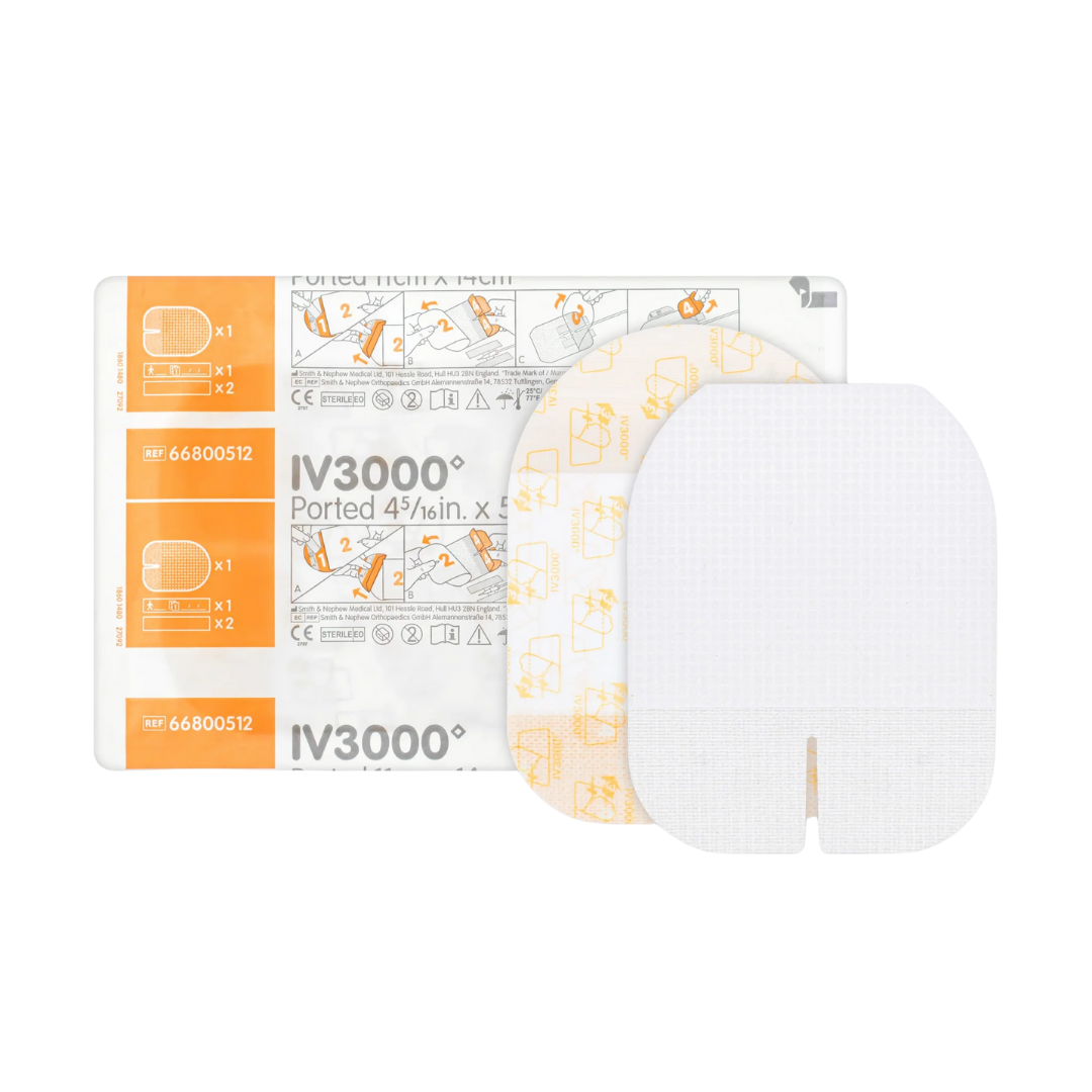 IV3000 Ported Dressing is a transparent adhesive dressing designed to secure and protect IV sites, allowing easy access while preventing contamination and moisture.