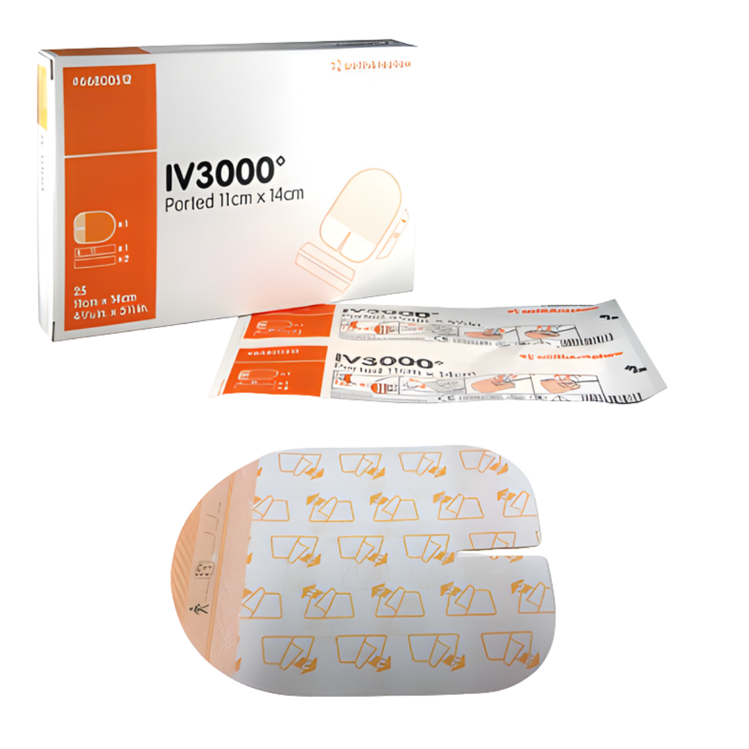 IV3000 Ported Dressing is a transparent adhesive dressing designed to secure and protect IV sites, allowing easy access while preventing contamination and moisture.