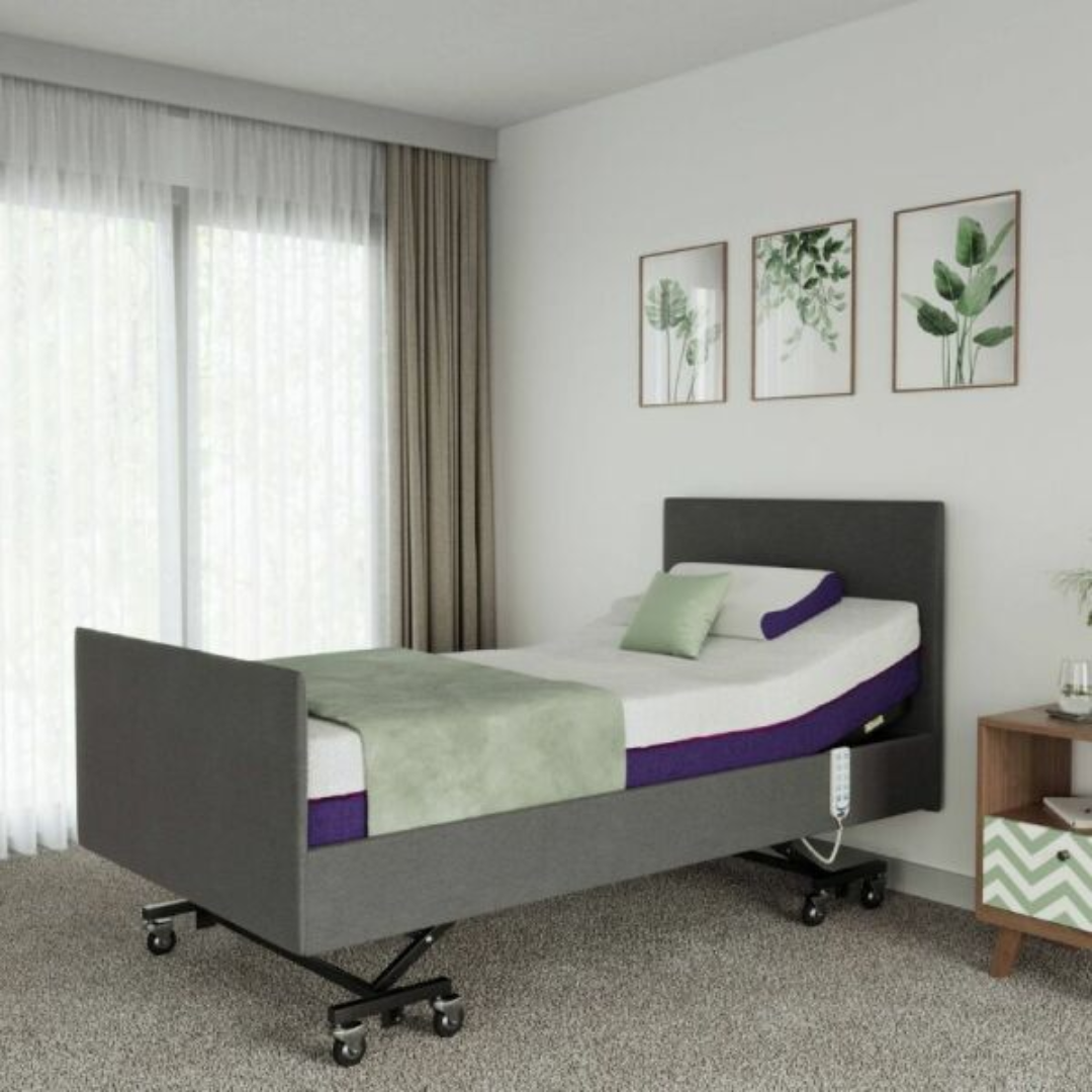 Icare IC333 Homecare Bed shown with adjustable backrest and leg rest, featuring upholstered finish and ultra-low height for safe mobility.