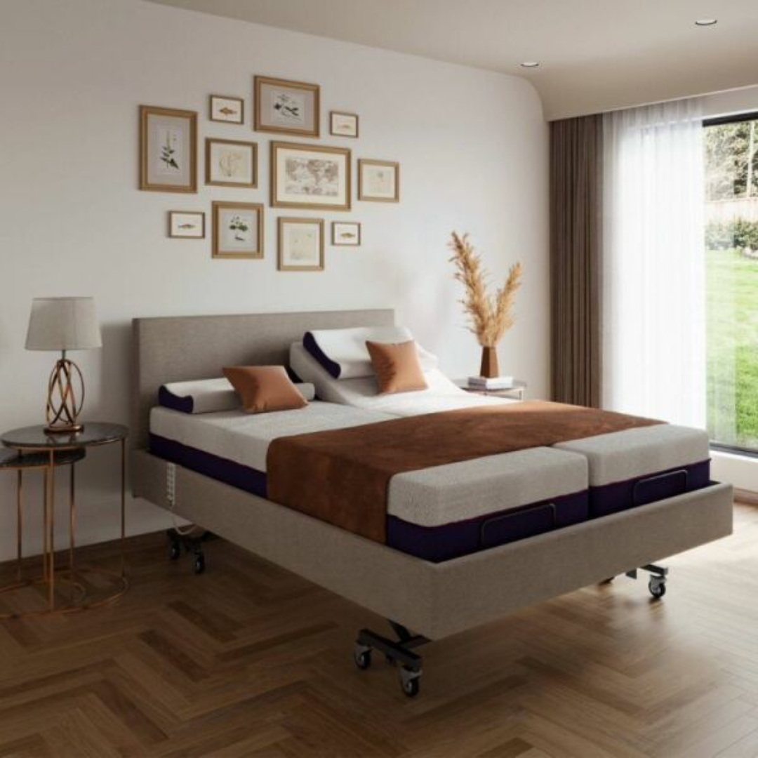 Icare IC333 Homecare Bed shown with adjustable backrest and leg rest, featuring upholstered finish and ultra-low height for safe mobility.