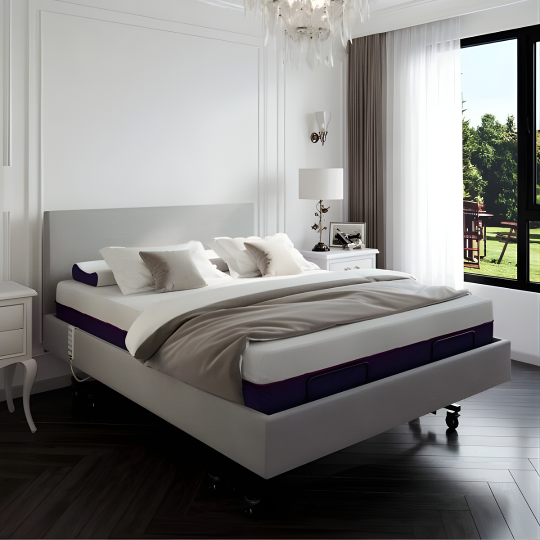 Icare IC333 Homecare Bed shown with adjustable backrest and leg rest, featuring upholstered finish and ultra-low height for safe mobility.