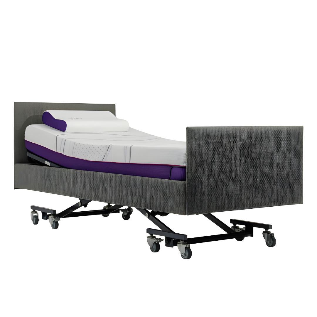 Icare IC333 Homecare Bed shown with adjustable backrest and leg rest, featuring upholstered finish and ultra-low height for safe mobility.