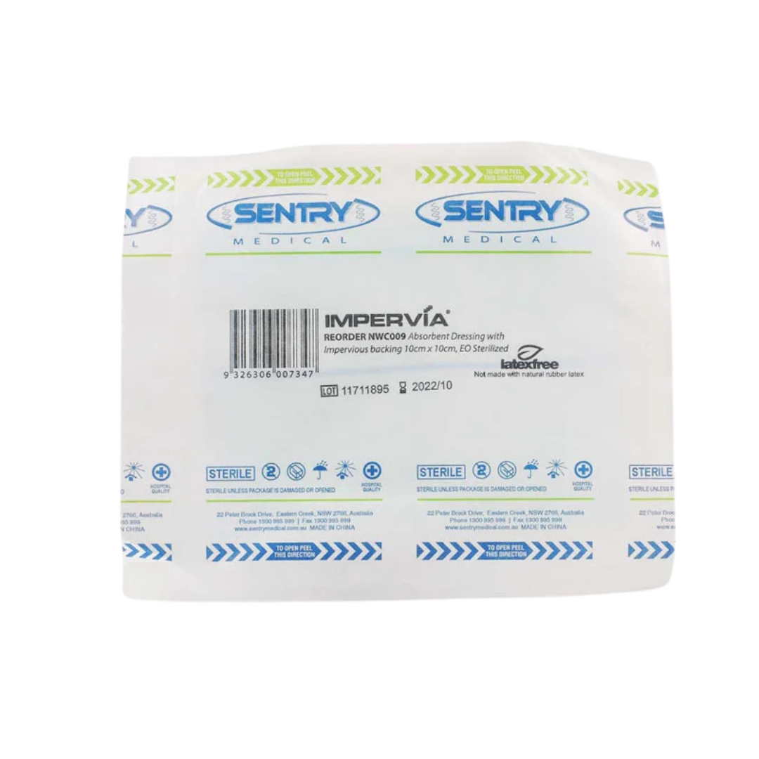 Impervia Absorbent Dressing with soft non-adherent layer and waterproof backing designed for effective wound fluid management and comfort.