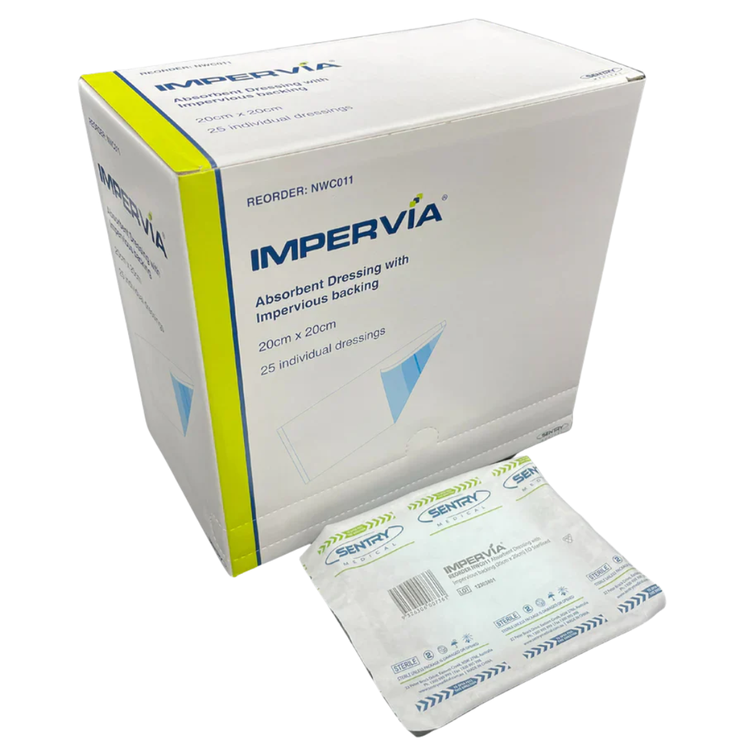 Impervia Absorbent Dressing with soft non-adherent layer and waterproof backing designed for effective wound fluid management and comfort.