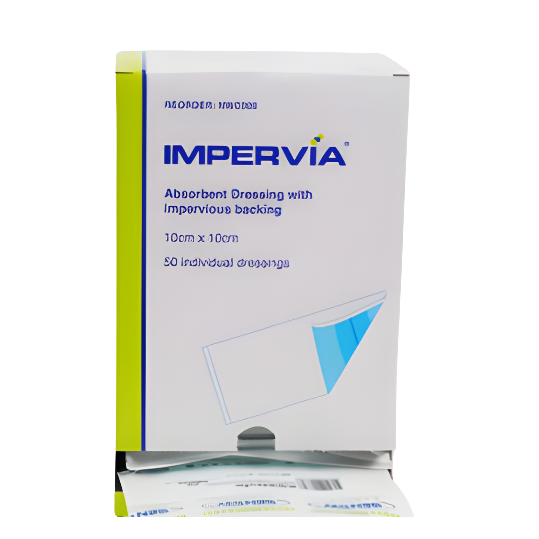Impervia Absorbent Dressing with soft non-adherent layer and waterproof backing designed for effective wound fluid management and comfort.