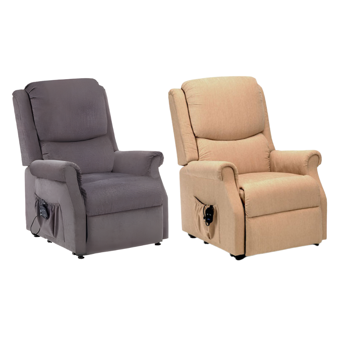Drive Medical Indiana Lift Chair in Standard and Petite sizes, shown in Graphite Grey and Mushroom, designed to support safe standing and comfortable daily seating.