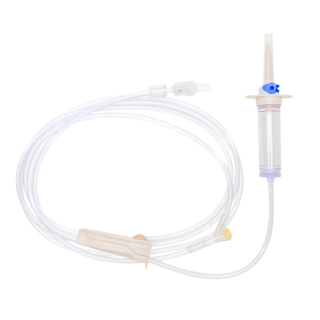 Sterile single-use infusion set with needle-free injection site, 220cm tubing, vented chamber and 15µ filter for safe IV fluid administration.