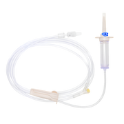 Sterile single-use infusion set with needle-free injection site, 220cm tubing, vented chamber and 15µ filter for safe IV fluid administration.