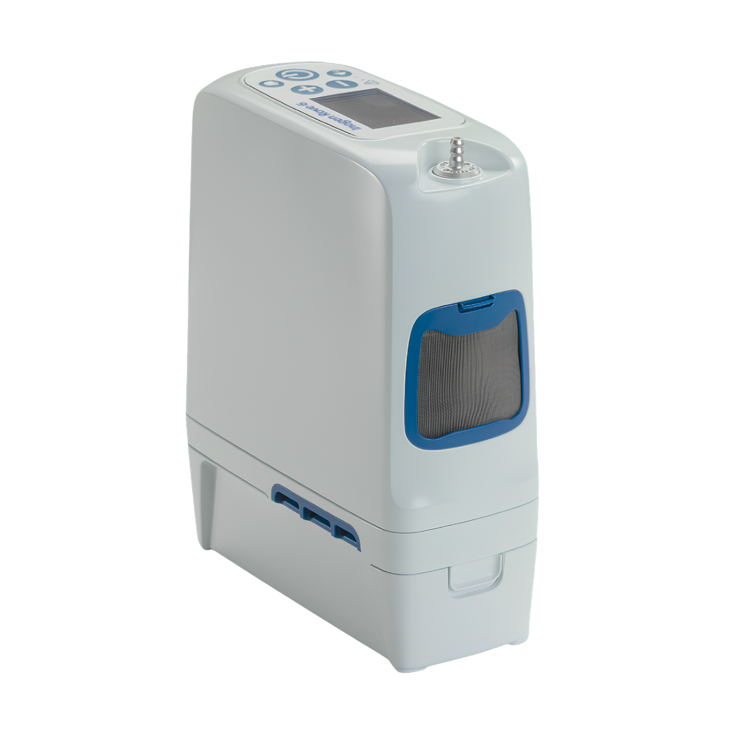 Inogen Rove 6 portable oxygen concentrator with 16‑cell battery, lightweight design, extended runtime, supports active lifestyle and reliable oxygen therapy.