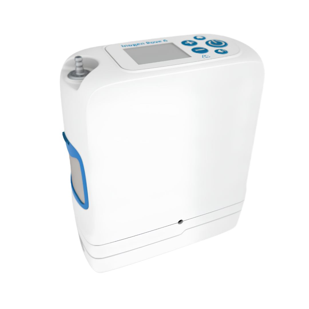 Inogen Rove 6 portable oxygen concentrator with 8‑cell battery, compact design, reliable oxygen therapy, supports mobility with shorter runtime option.