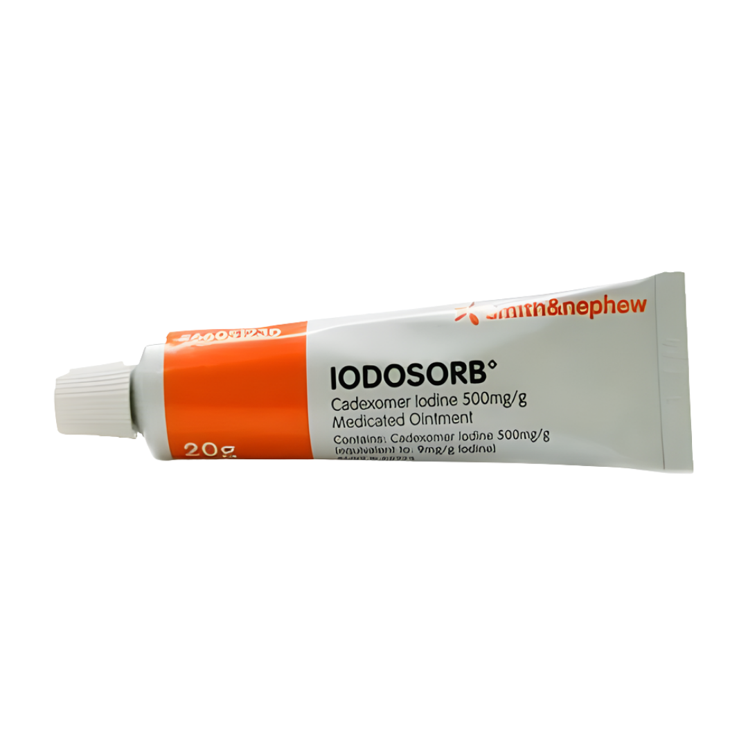Iodosorb Cadexomer Iodine Ointment 20g tube for antimicrobial wound care, designed to reduce bacteria, manage exudate and support healing in infected wounds.
