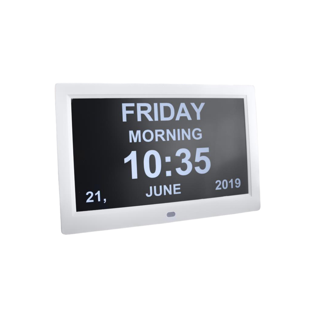 KCare Digital Clock with alarm and text reminders, available in 10-inch and 12-inch sizes, designed for aged care and daily living support.