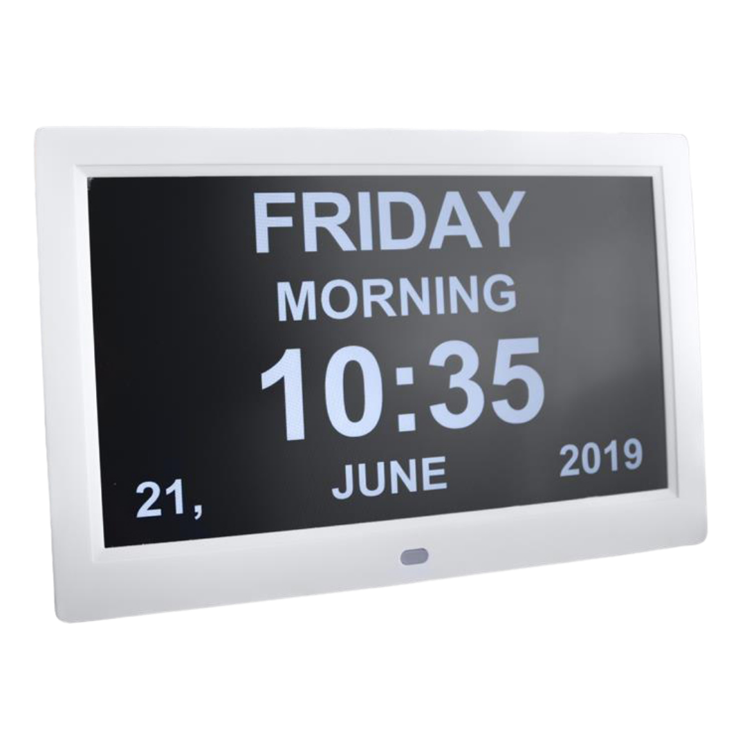 KCare Digital Clock with alarm and text reminders, available in 10-inch and 12-inch sizes, designed for aged care and daily living support.