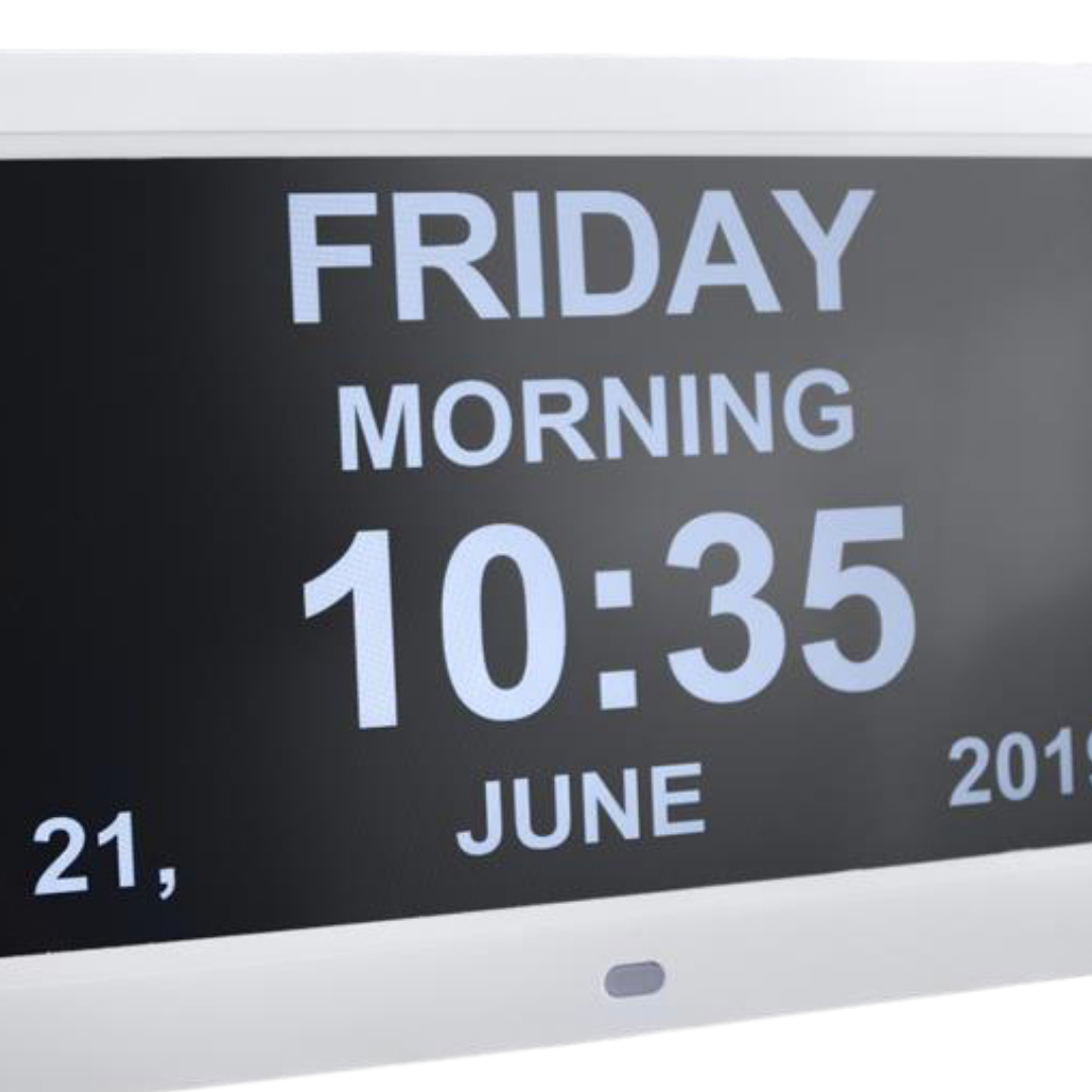 KCare Digital Clock with alarm and text reminders, available in 10-inch and 12-inch sizes, designed for aged care and daily living support.