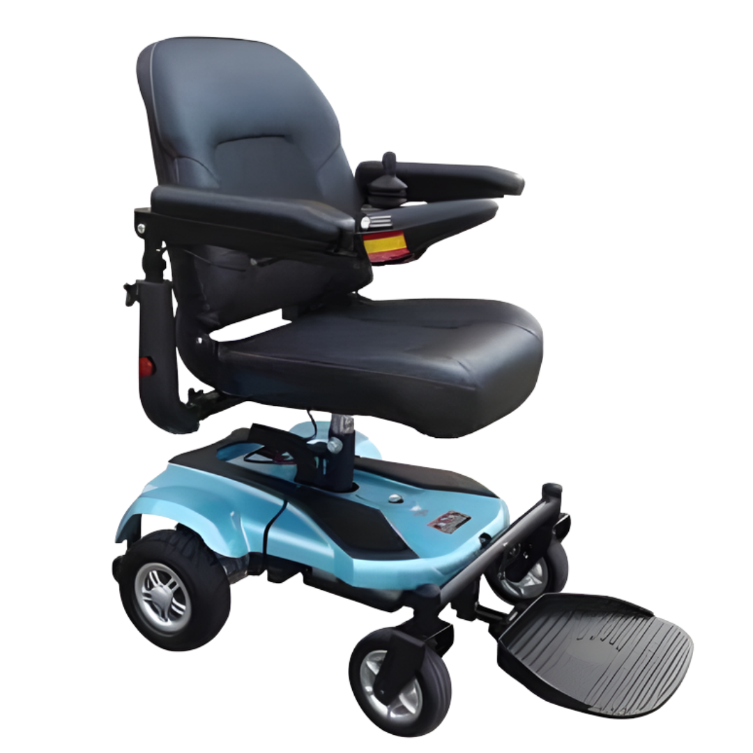 KCare Merits Ezi-Go Deluxe Kite power chair in blue, compact and comfortable with joystick control, designed for smooth indoor mobility and light outdoor travel.