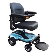KCare Merits Ezi-Go Deluxe Kite power chair in blue, compact and comfortable with joystick control, designed for smooth indoor mobility and light outdoor travel.