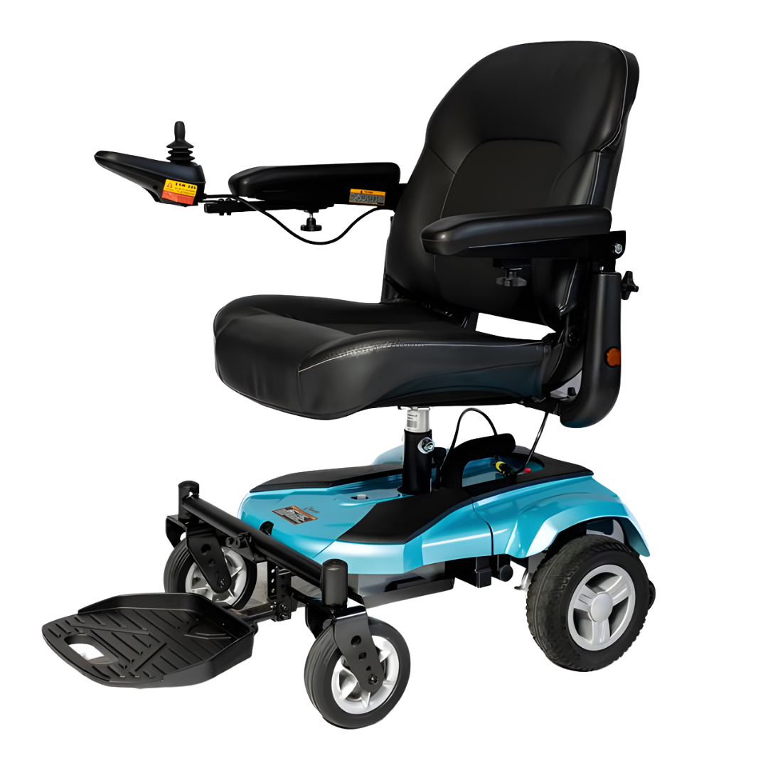 KCare Merits Ezi-Go Deluxe Kite power chair in blue, compact and comfortable with joystick control, designed for smooth indoor mobility and light outdoor travel.
