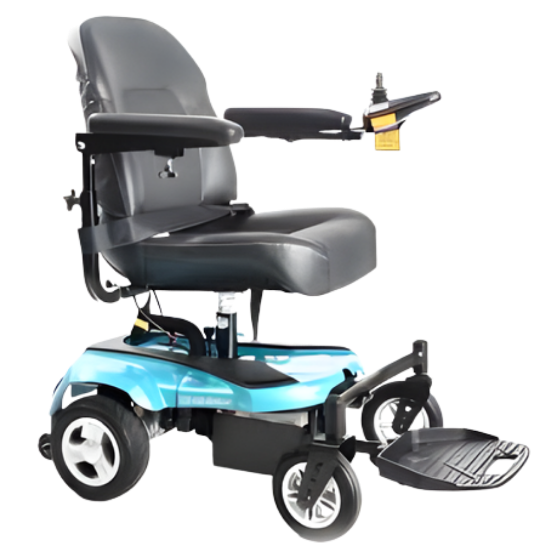 KCare Merits Ezi-Go Deluxe Kite power chair in blue, compact and comfortable with joystick control, designed for smooth indoor mobility and light outdoor travel.