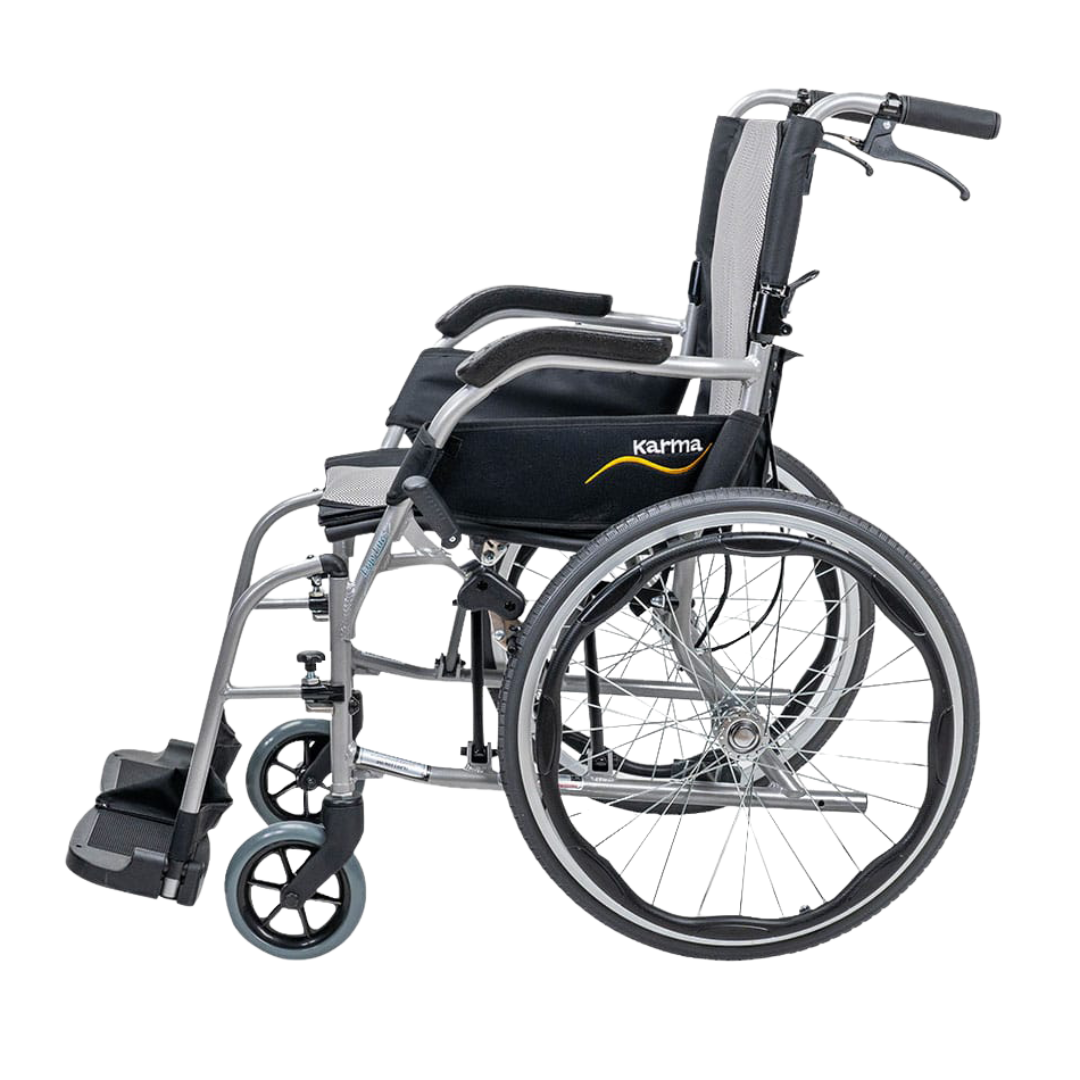 Karma Ergo Lite Deluxe Wheelchair – ultra-light, foldable wheelchair with ergonomic seating and antimicrobial upholstery for everyday mobility.