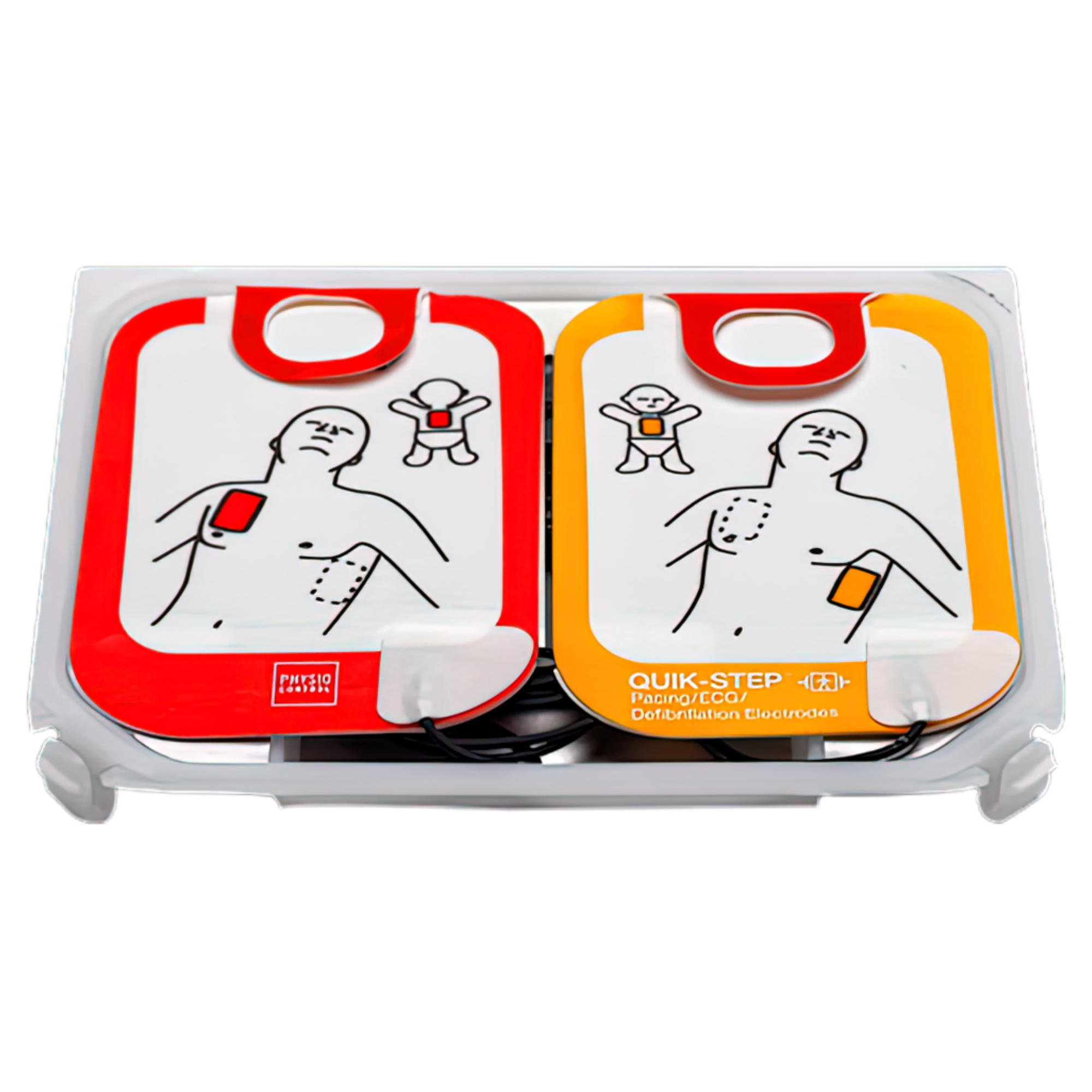 A set of LifePak CR2 replacement electrodes with a quick-step interface, displayed in a plastic case. The electrodes are red, yellow, and orange, and they are labeled for use in both adult and pediatric patients.
