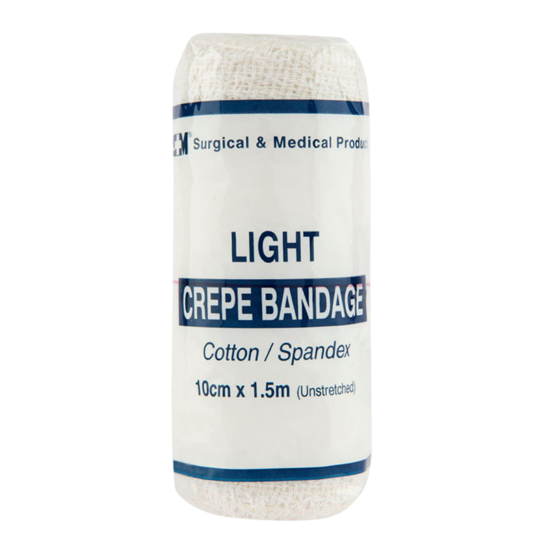 Light crepe bandage made of cotton and spandex, size 10cm x 1.5m (unstretched). Provides gentle compression and support for minor injuries.
