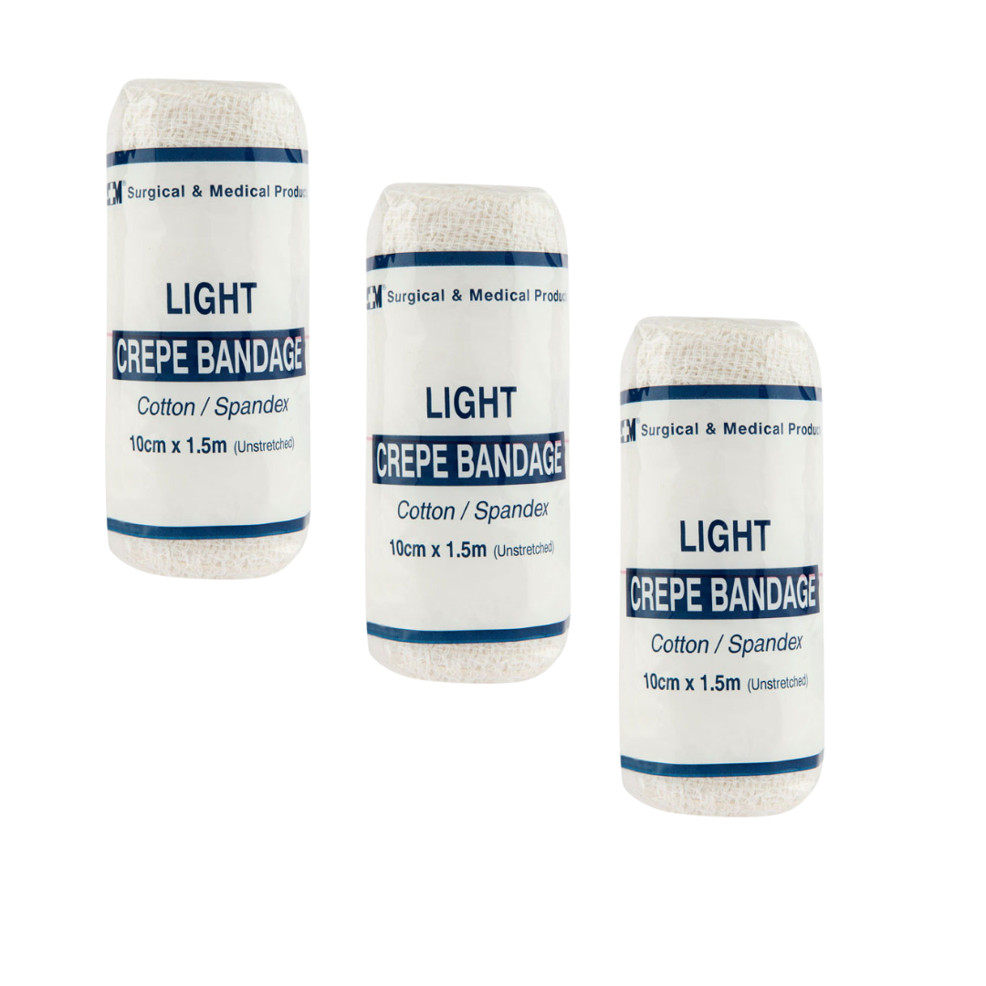 Pack of three light crepe bandages, size 10cm x 1.5m (unstretched). Soft cotton/spandex material for secure and comfortable wrapping.
