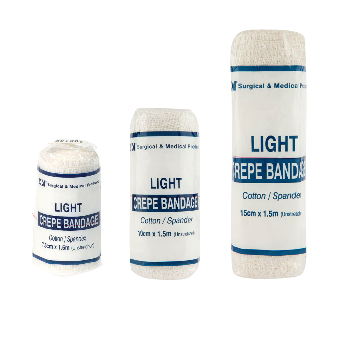 Set of light crepe bandages in assorted sizes (7.5cm, 10cm, 15cm x 1.5m). Cotton/spandex blend for flexibility and comfort in medical use.
