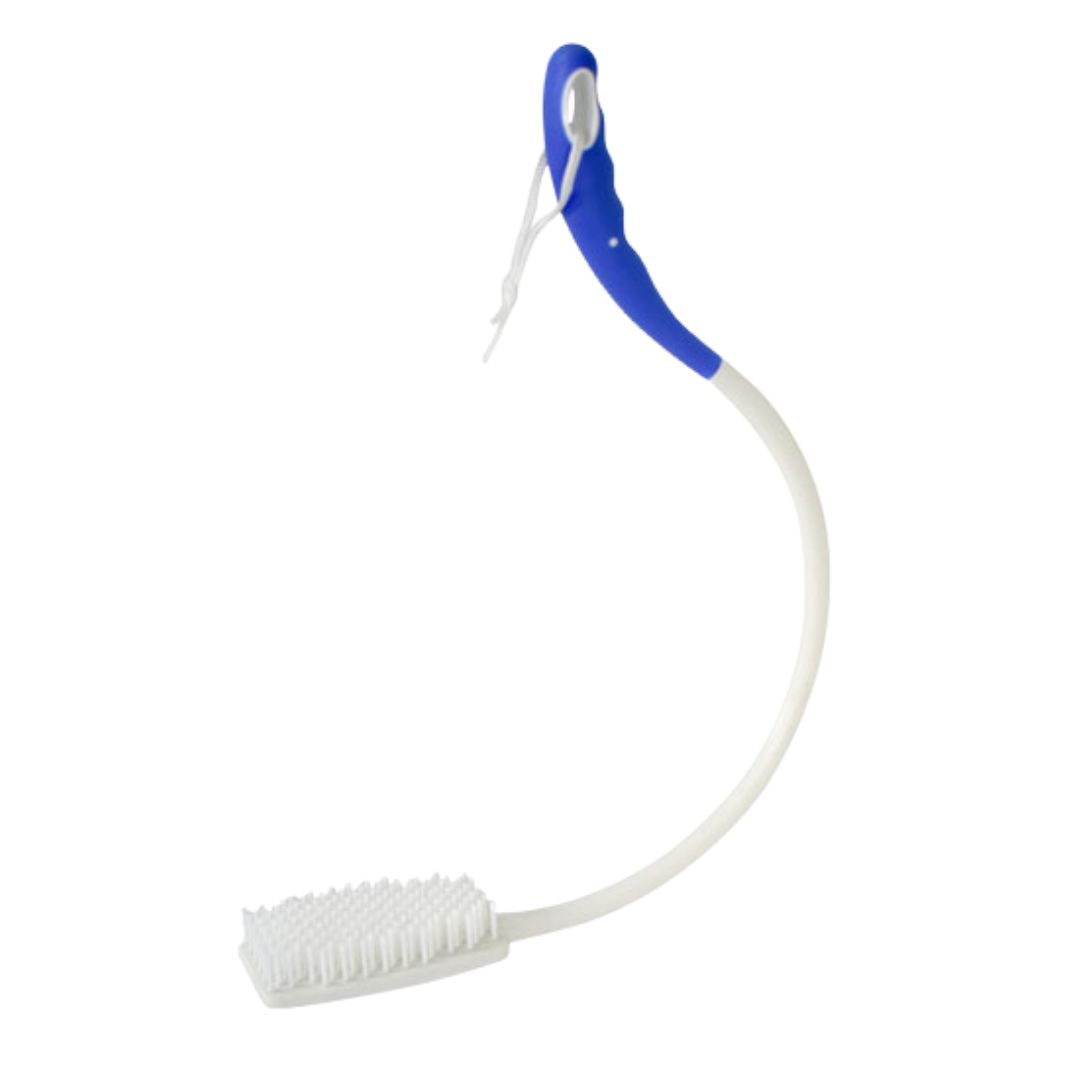 Long handled curved bath brush with ergonomic grip, extended reach for bathing, lightweight design supports independence and daily personal hygiene.