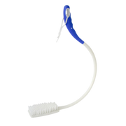 Long handled curved bath brush with ergonomic grip, extended reach for bathing, lightweight design supports independence and daily personal hygiene.