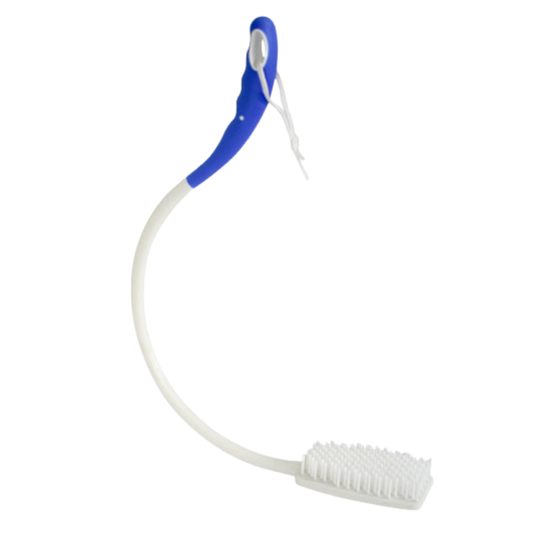 Long handled curved bath brush with ergonomic grip, extended reach for bathing, lightweight design supports independence and daily personal hygiene.