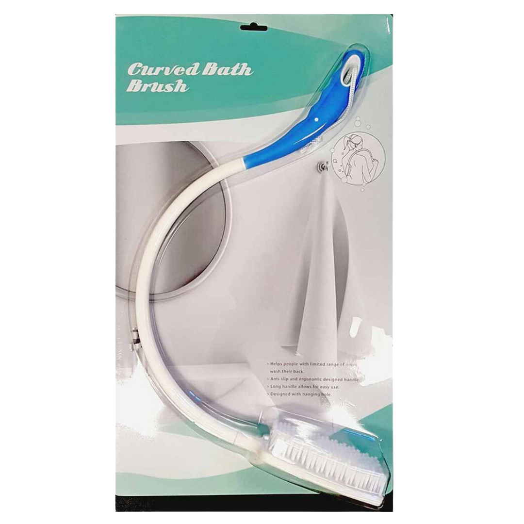 Long handled curved bath brush with ergonomic grip, extended reach for bathing, lightweight design supports independence and daily personal hygiene.