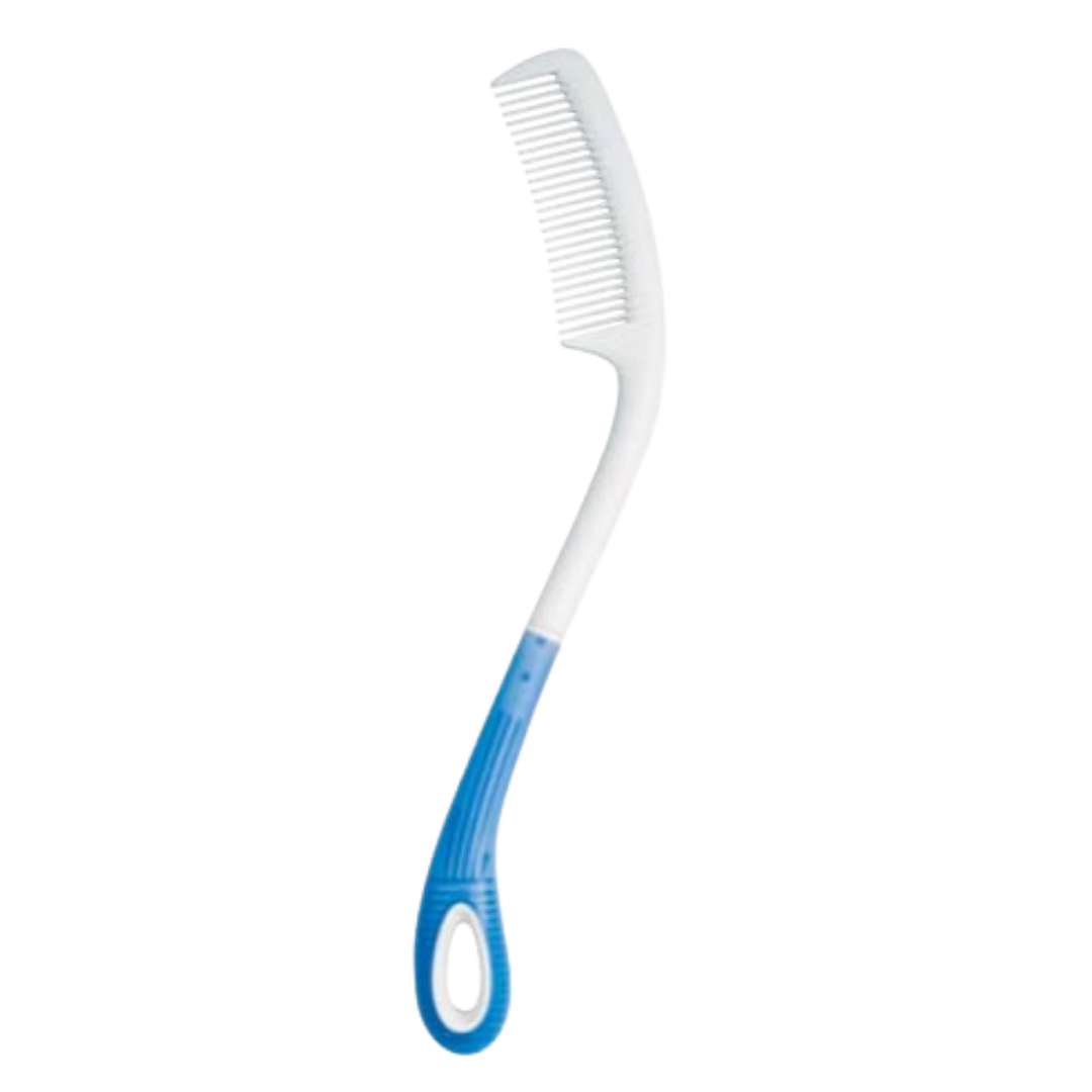 Long handled fine comb with ergonomic grip, extended reach for hair grooming, lightweight design supports independence and daily personal care routines.