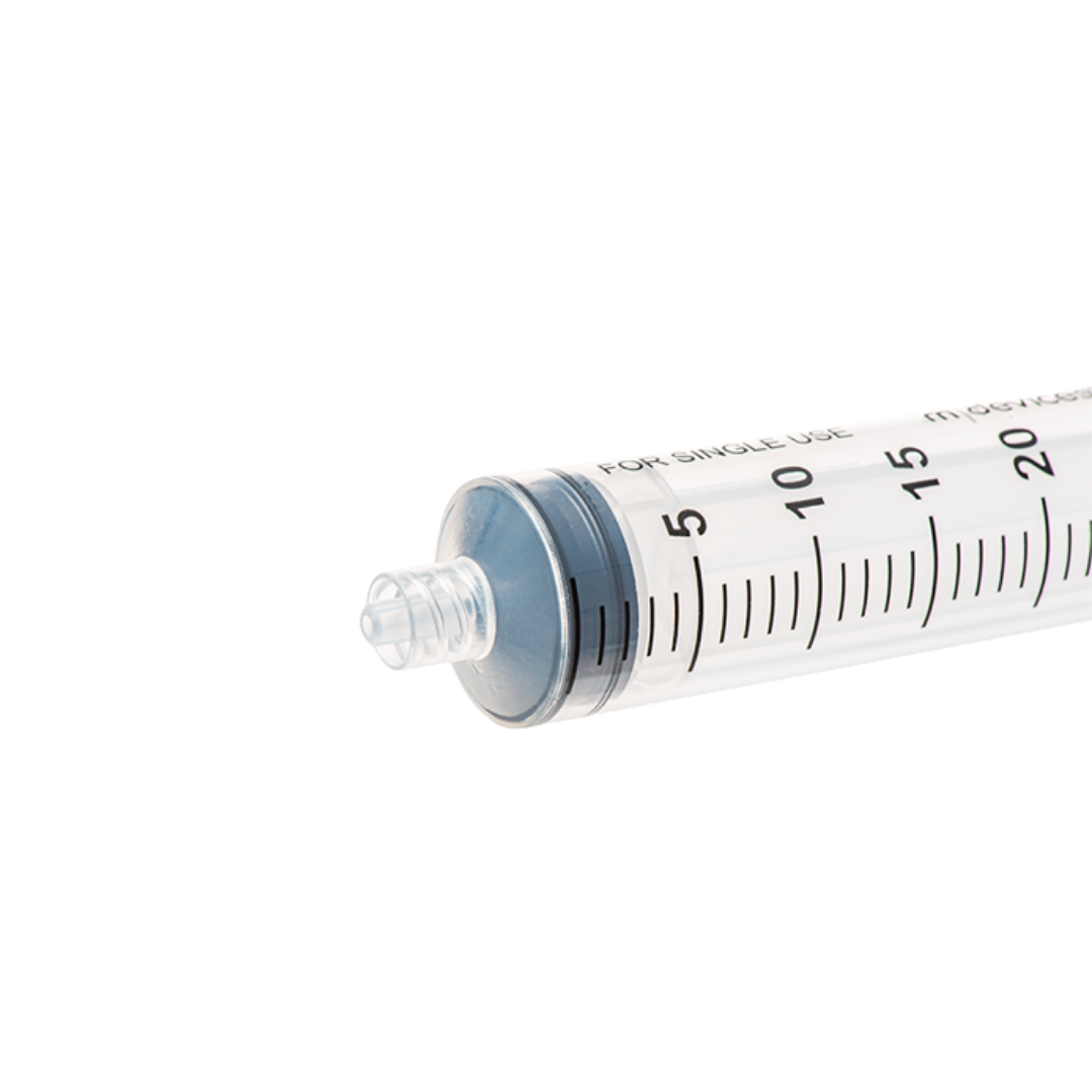 Sterile single-use Luer Lock Syringe, 30mL capacity, concentric nozzle without needle, clear barrel with markings for accurate fluid measurement.