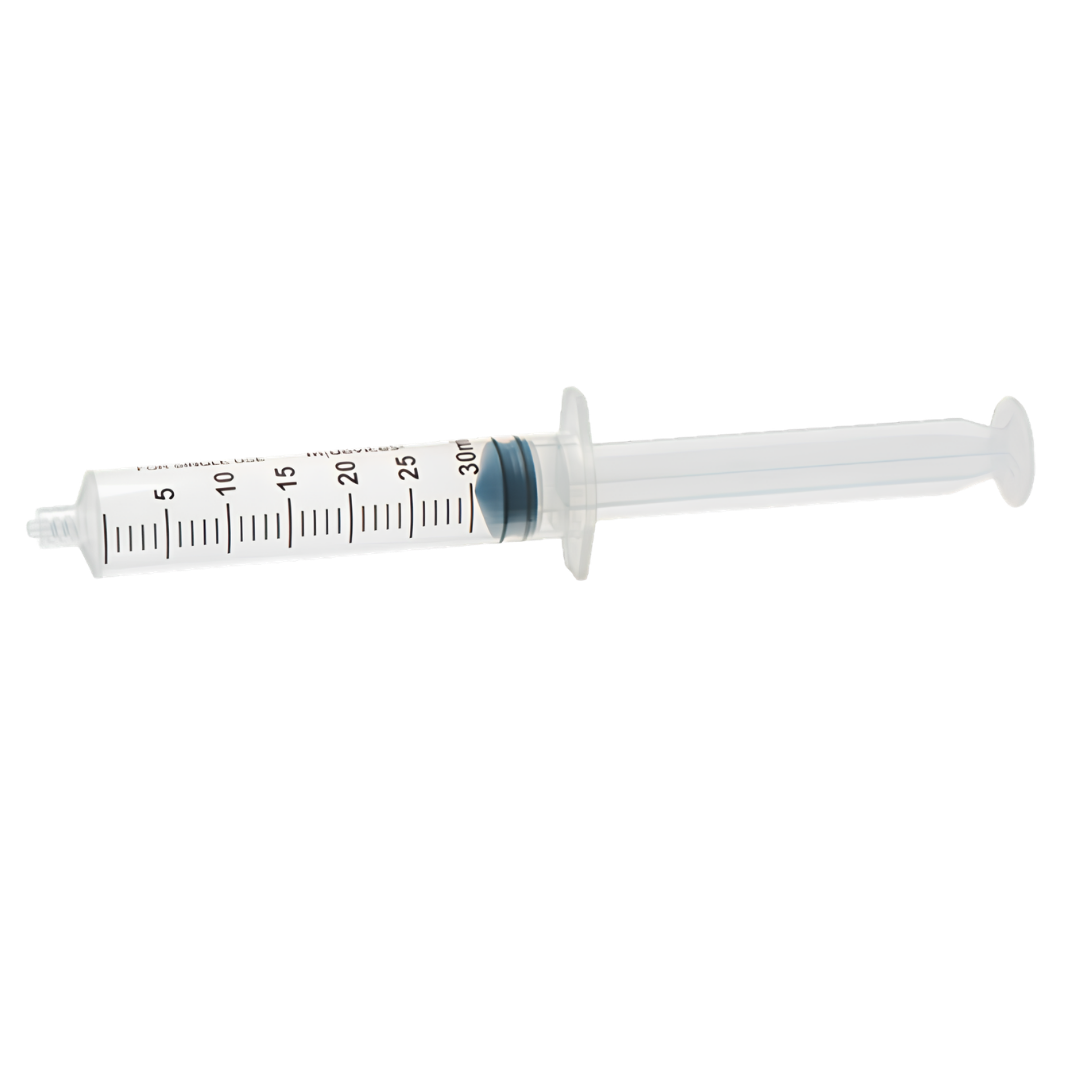 Sterile single-use Luer Lock Syringe, 30mL capacity, concentric nozzle without needle, clear barrel with markings for accurate fluid measurement.