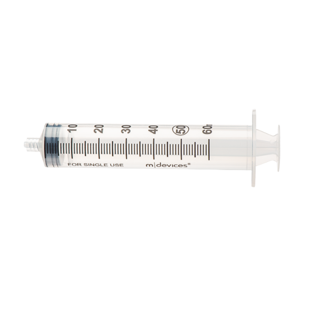 Sterile single-use Luer Lock Syringe, 50mL capacity, concentric nozzle without needle, clear barrel with markings for accurate fluid measurement.