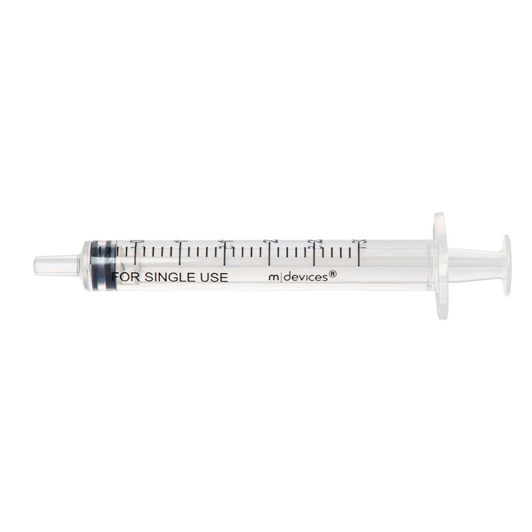 Sterile single-use Luer Slip Syringe with concentric nozzle, without needle, clear barrel with markings, available in multiple sizes for precise dosing.