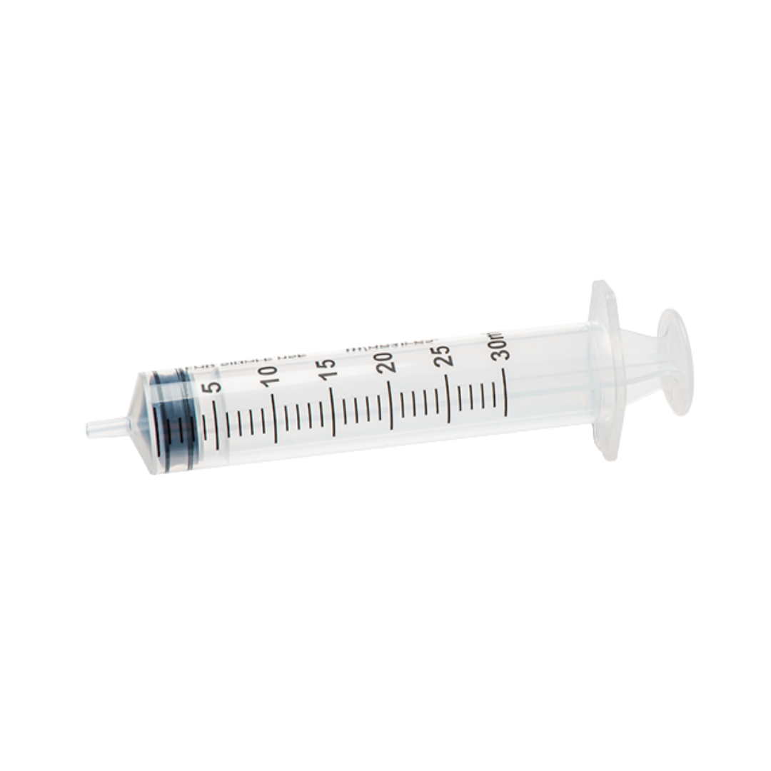 Sterile single-use Luer Slip Syringe, 30mL capacity, concentric nozzle without needle, clear barrel with markings for accurate fluid measurement.