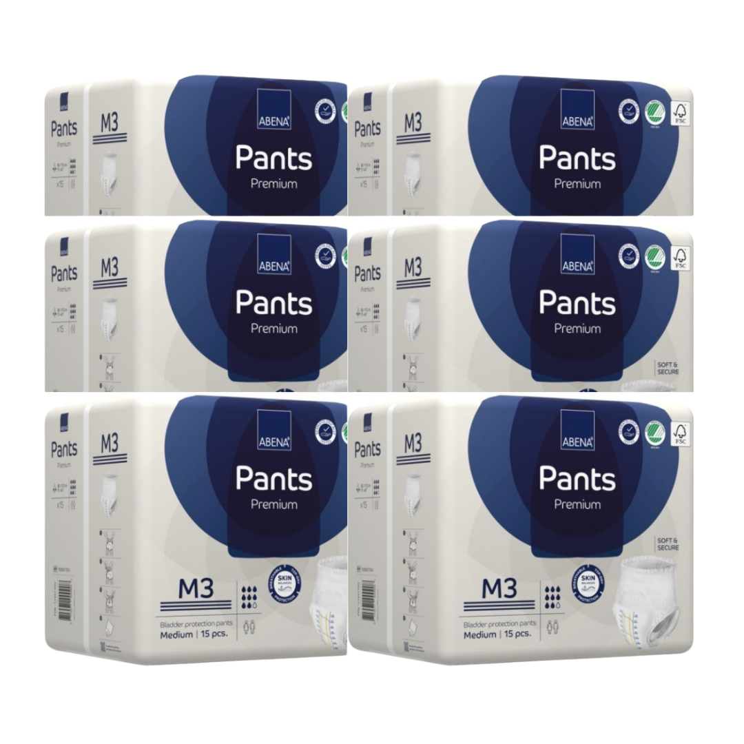 Abena Pants Premium M3 with 2400ml absorbency and 80–110cm fit, designed for discreet pull-up protection against heavy bladder leakage.